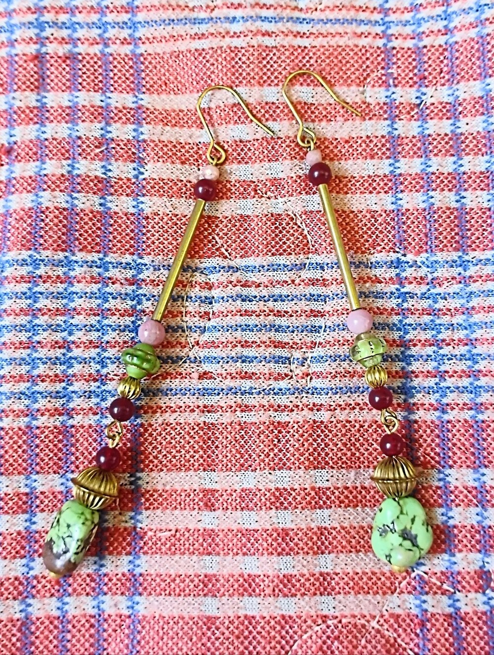 Elongated Green Turquoise, Ruby, and Rhodochrosite Handmade Earrings